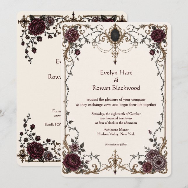 Dark Victorian Gothic Floral Wedding Invitation (Front/Back)