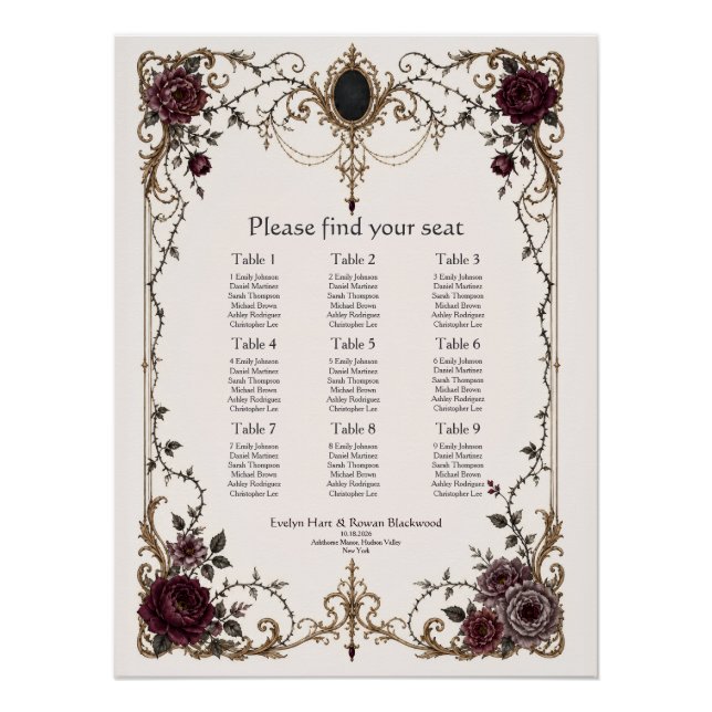Dark Victorian Gothic Floral Wedding Seating Chart (Front)