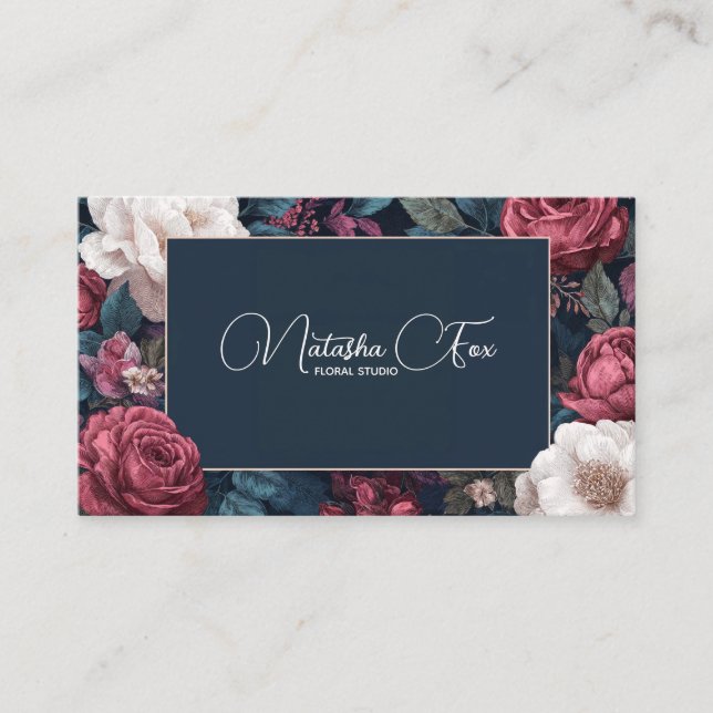 Dark Victorian Rose Floral Navy Blue Frame Business Card (Front)