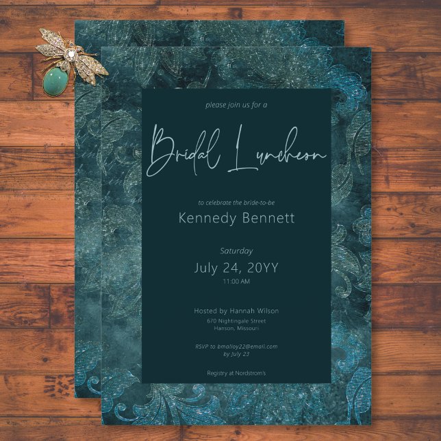 Dark Victorian Teal Damask Bridal Luncheon Invitation (Dark Victorian Teal Damask Bridal Luncheon Invitation)