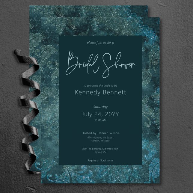 Dark Victorian Teal Damask Bridal Shower Invitation (Dark Victorian Teal Damask Bridal Shower Invitation)