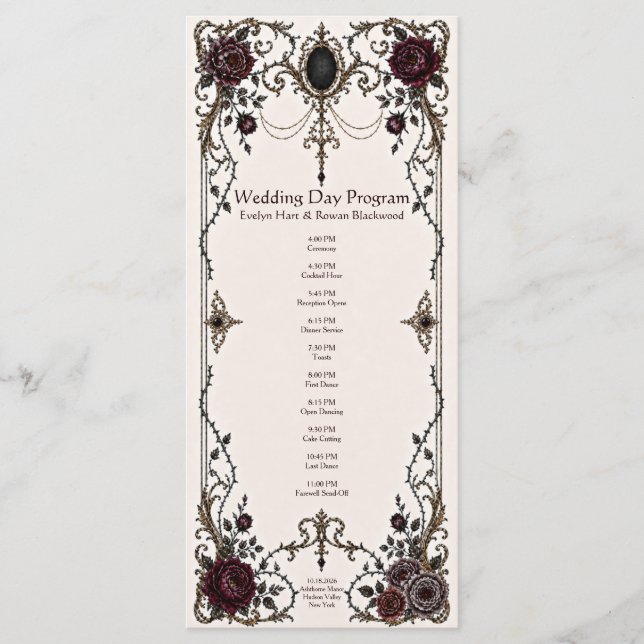 Dark Victorian Wedding Day Program Card (Front)