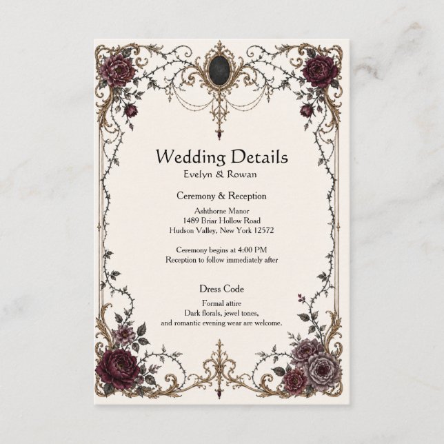 Dark Victorian Wedding Details Enclosure Card (Front)
