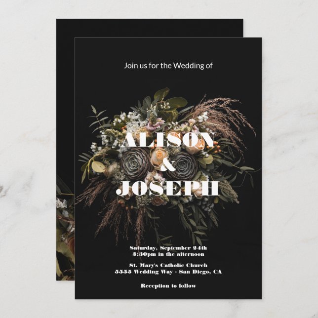 Dark Vintage Floral Wedding Invitation (Front/Back)