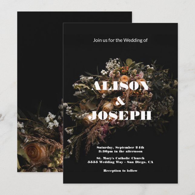 Dark Vintage Floral Wedding Invitation (Front/Back)