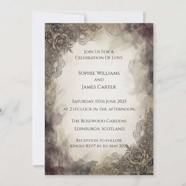 Dark Vintage Lace Wedding Invitation (Front)