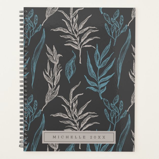 Dark Vintage Leaves Brown Modern Personalised Planner (Front)