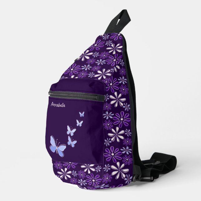 Dark Violet Flower Doodle Pattern Sling Bag (Right Corner)