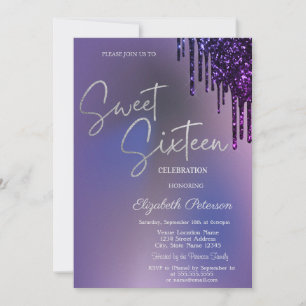 Dark Violet Glitter Drips Violet Sweet 16  Invitation