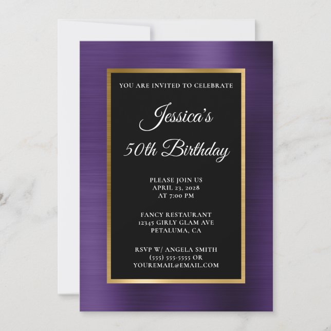 Dark Violet Gold Foil Black 50th Birthday Invitation (Front)