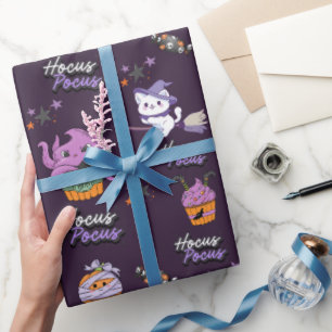 dark violet Hocus Pocus cute Witch Cat Halloween Wrapping Paper