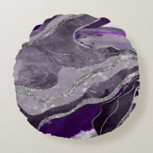 Dark Violet Marble Agate Silver Glitter Glam #1 Round Cushion
