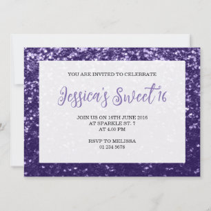 Dark violet purple sparkle Sweet 16 elegant script Invitation