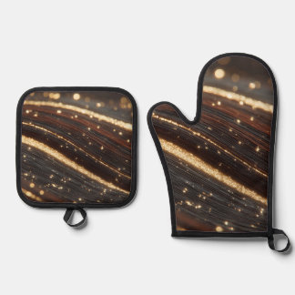 Dark Walnut Wood Grain with Sparkling Gold Rivers Oven Mitt & Pot Holder Set