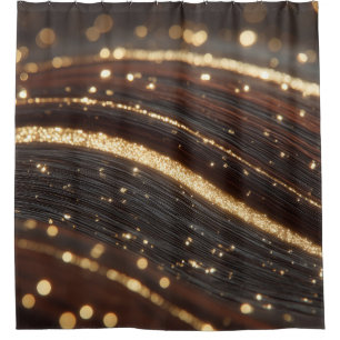Dark Walnut Wood Grain with Sparkling Gold Rivers Shower Curtain