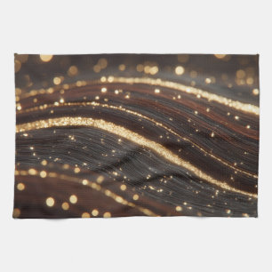 Dark Walnut Wood Grain with Sparkling Gold Rivers Tea Towel