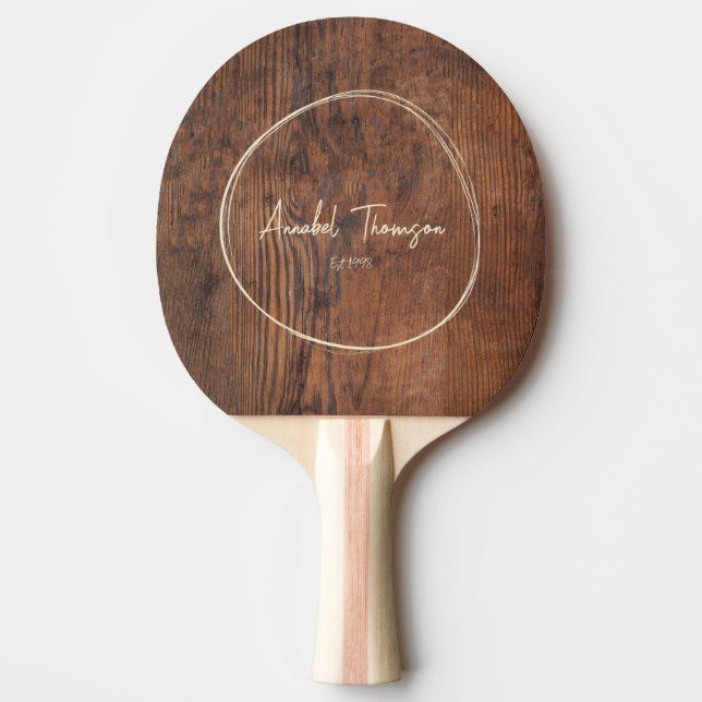 Dark Walnut Wood Name in Drawn Circle  Ping Pong Paddle (Front)