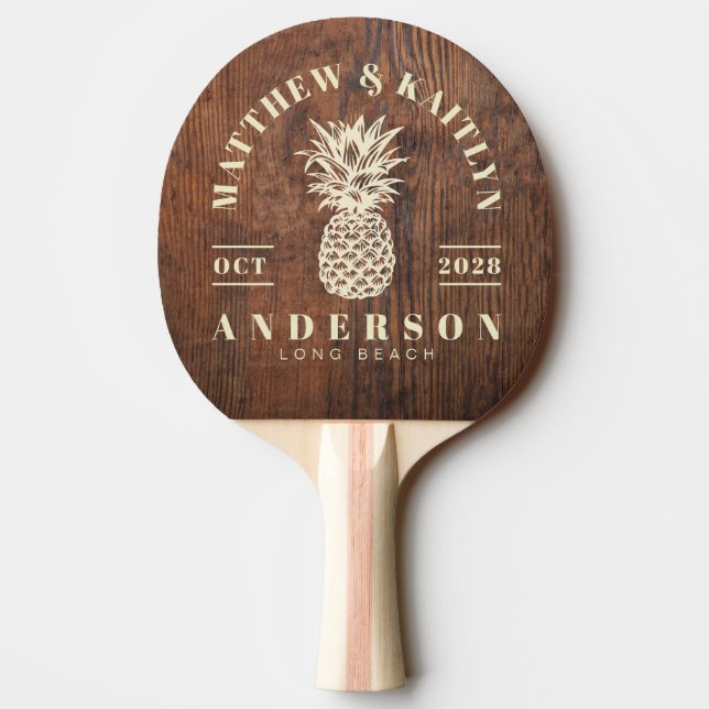 Dark Walnut Wood Tropical Pineapple Wedding Ping Pong Paddle (Back)