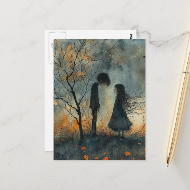 Dark Watercolor Couple in Love Postcard (Front/Back In Situ)