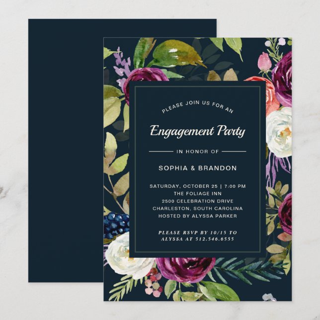 Dark Watercolor Floral Boho | Engagement Party Invitation (Front/Back)