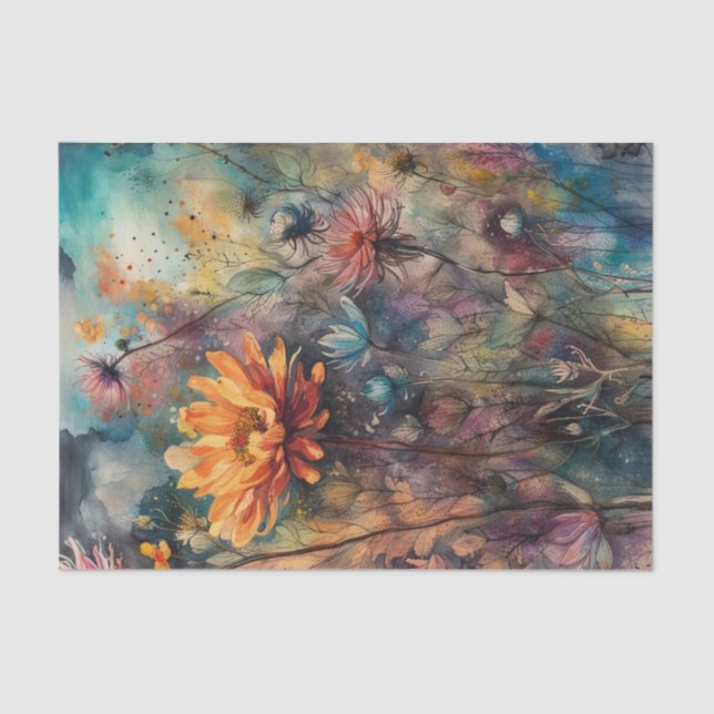 Dark Watercolor Flowers Decoupage Paper | Moody  (Front)