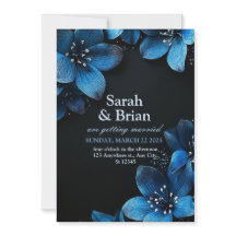 Dark wedding invitation card glitter blue flowers