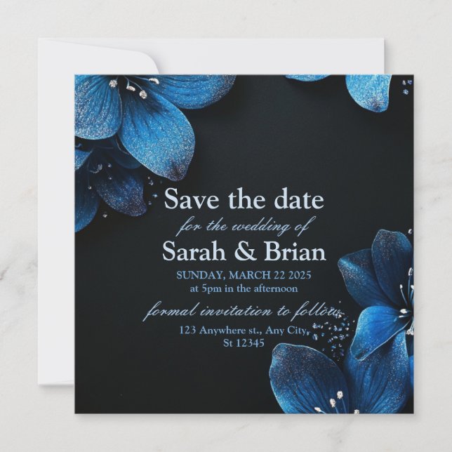 Dark wedding save the date glitter blue flowers (Front)