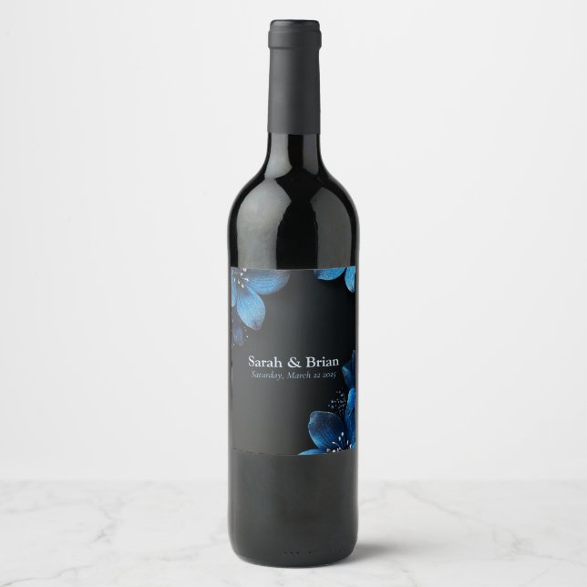 Dark wedding wine bottle label blue flowers (Front)