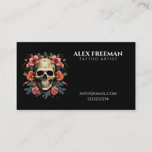 Dark White and Red Floral Skull Tattoo Artist Business Card