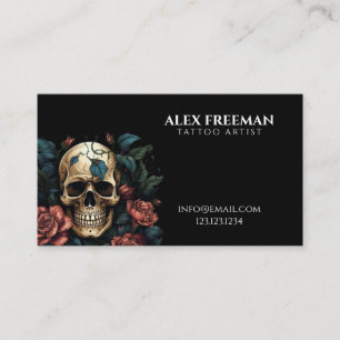 Dark White and Red Roses Skull Tattoo Artist Business Card