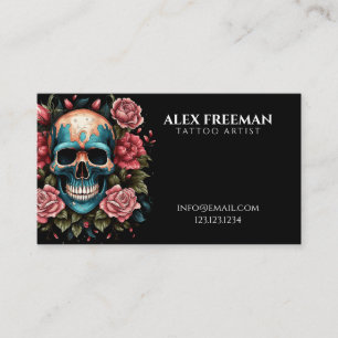 Dark White and Teal Roses Skull Tattoo Artist Business Card