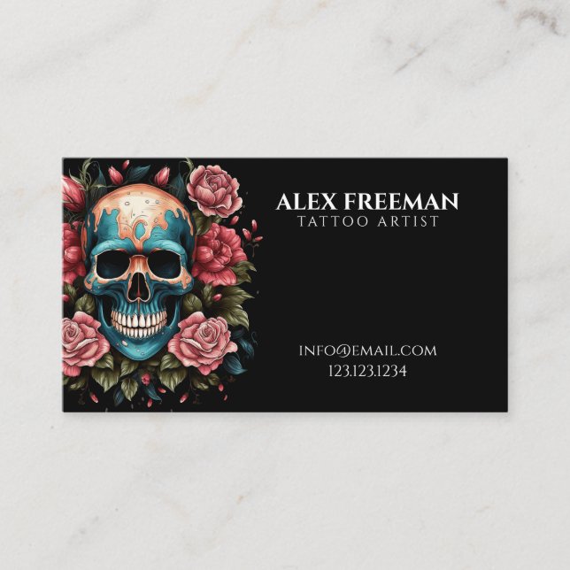 Dark White and Teal Roses Skull Tattoo Artist Business Card (Front)