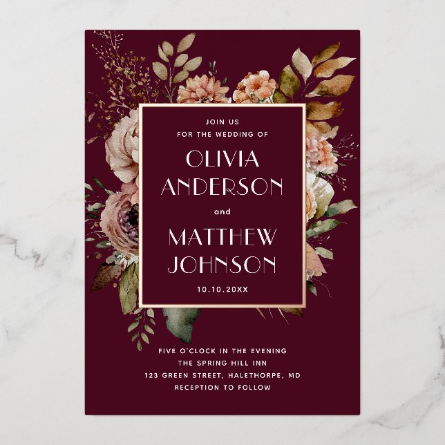 Dark Wine Floral Wedding | Romantic Fall Gold (Front)