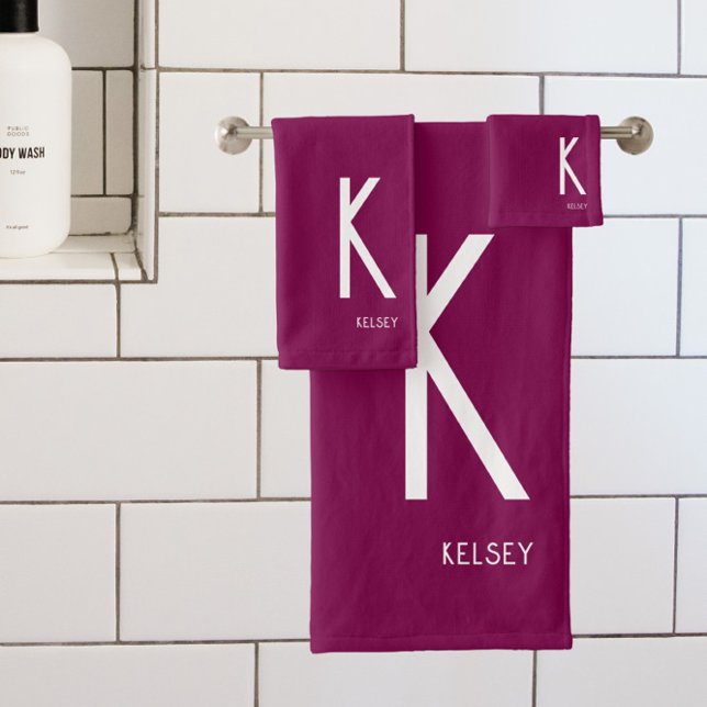 Dark Wine Red Monogram Name Bath Towel Set (Creator Uploaded)
