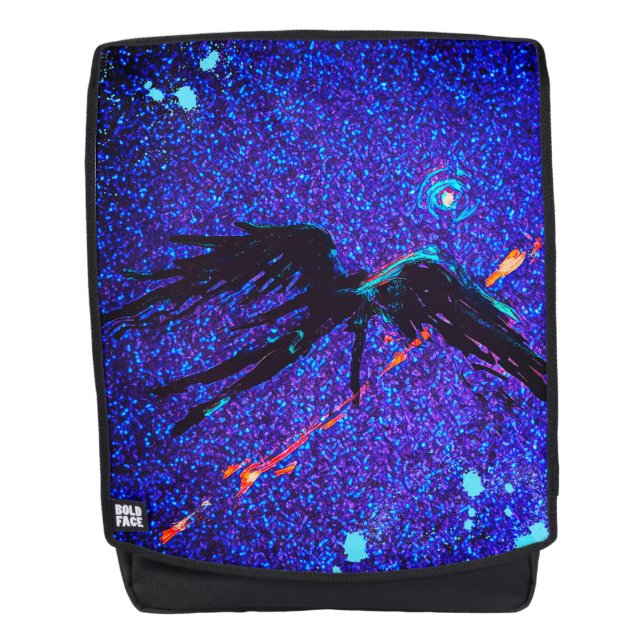 Dark winged figure flying across the space backpack (Front)