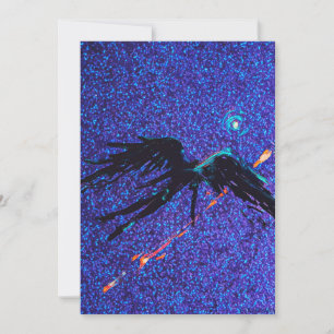 Dark winged figure flying across the space holiday card