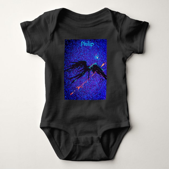 Dark winged figure flying across the space & Name Baby Bodysuit (Front)