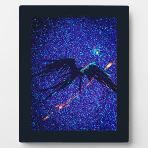 Dark winged figure flying across the space plaque