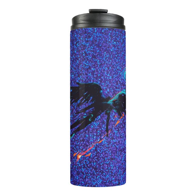 Dark winged figure flying across the space thermal tumbler (Front)