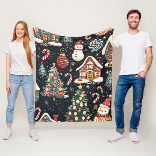 Dark Winter Cottages Red Snowman Candy Christmas Fleece Blanket