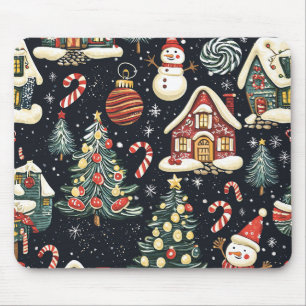 Dark Winter Cottages Red Snowman Candy Christmas Mouse Pad