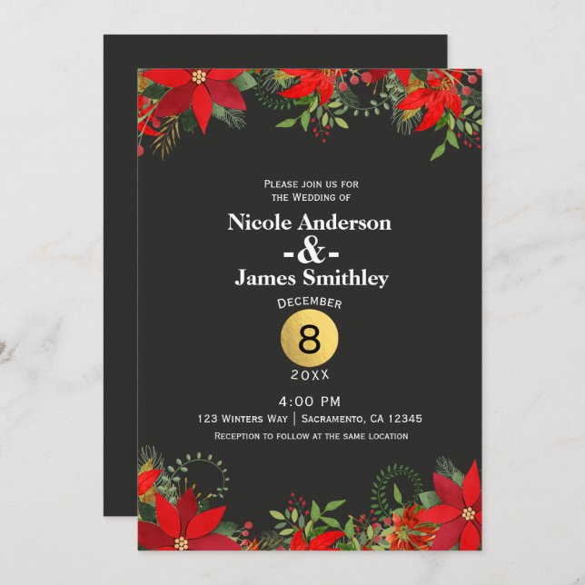 Dark Winter Wedding Poinsettia + Gold Holiday Invitation (Front/Back)