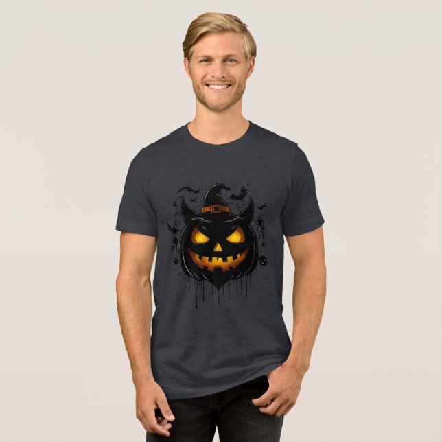Dark Witch Pumpkin with Glowing Eyes Tri-Blend Shirt (Front Full)