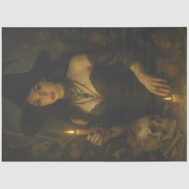 Dark Witch with Candle and Skull Gothic Halloween Tissue Paper (Front)