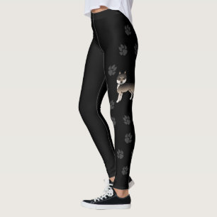 Dark Wolf Grey Siberian Husky Cartoon Dog & Paws Leggings