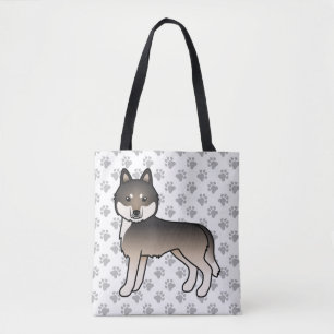 Dark Wolf Grey Siberian Husky Cartoon Dog & Paws Tote Bag