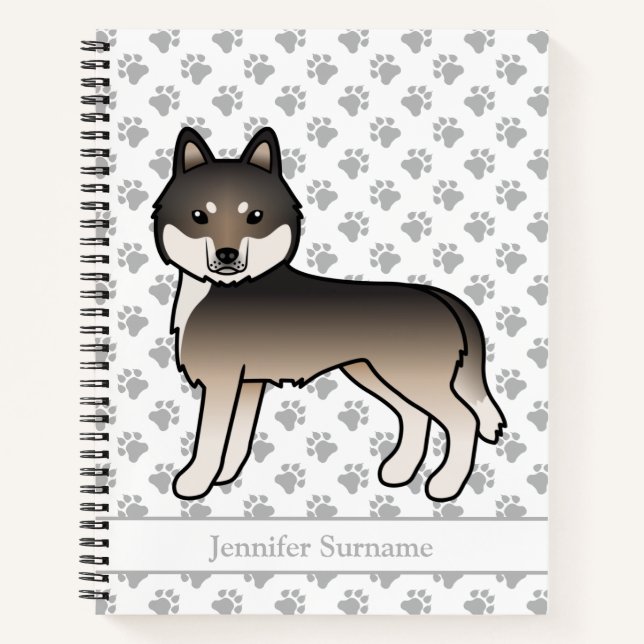 Dark Wolf Grey Siberian Husky Cartoon Dog & Text Notebook (Front)