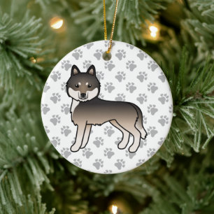 Dark Wolf Grey Siberian Husky Cute Cartoon Dog Ceramic Tree Decoration