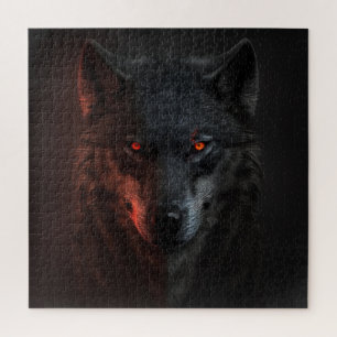 Dark Wolf Portrait with Fiery Eyes and Red Light Jigsaw Puzzle