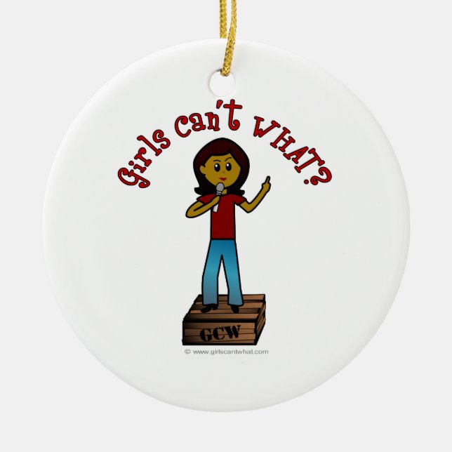 Dark Woman on Soapbox Ceramic Tree Decoration (Front)
